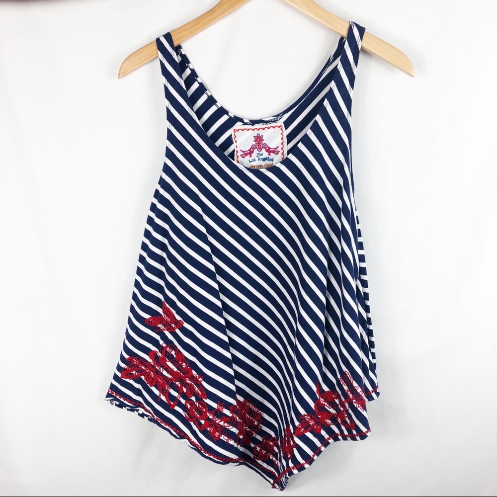 Johnny Was Striped Handkerchief Hem Tank Top | Navy Blue & White | Size XSmall